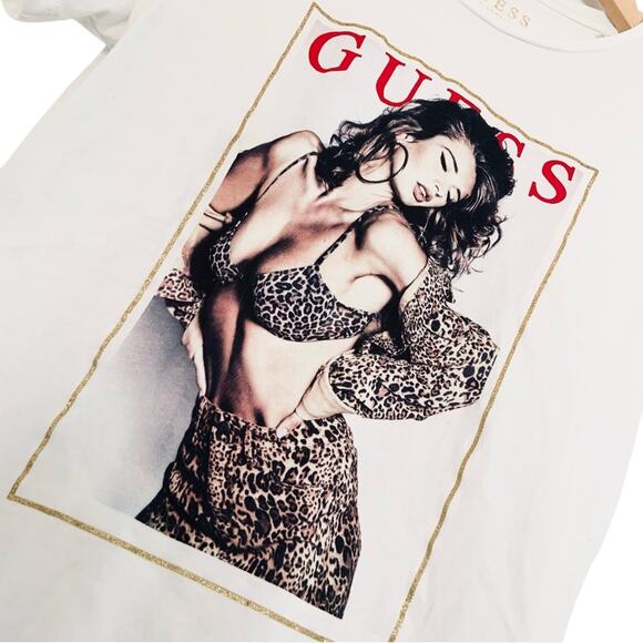 Guess Classic Model T-Shirt White Print Glitter Design Size Medium - Picture 5 of 8